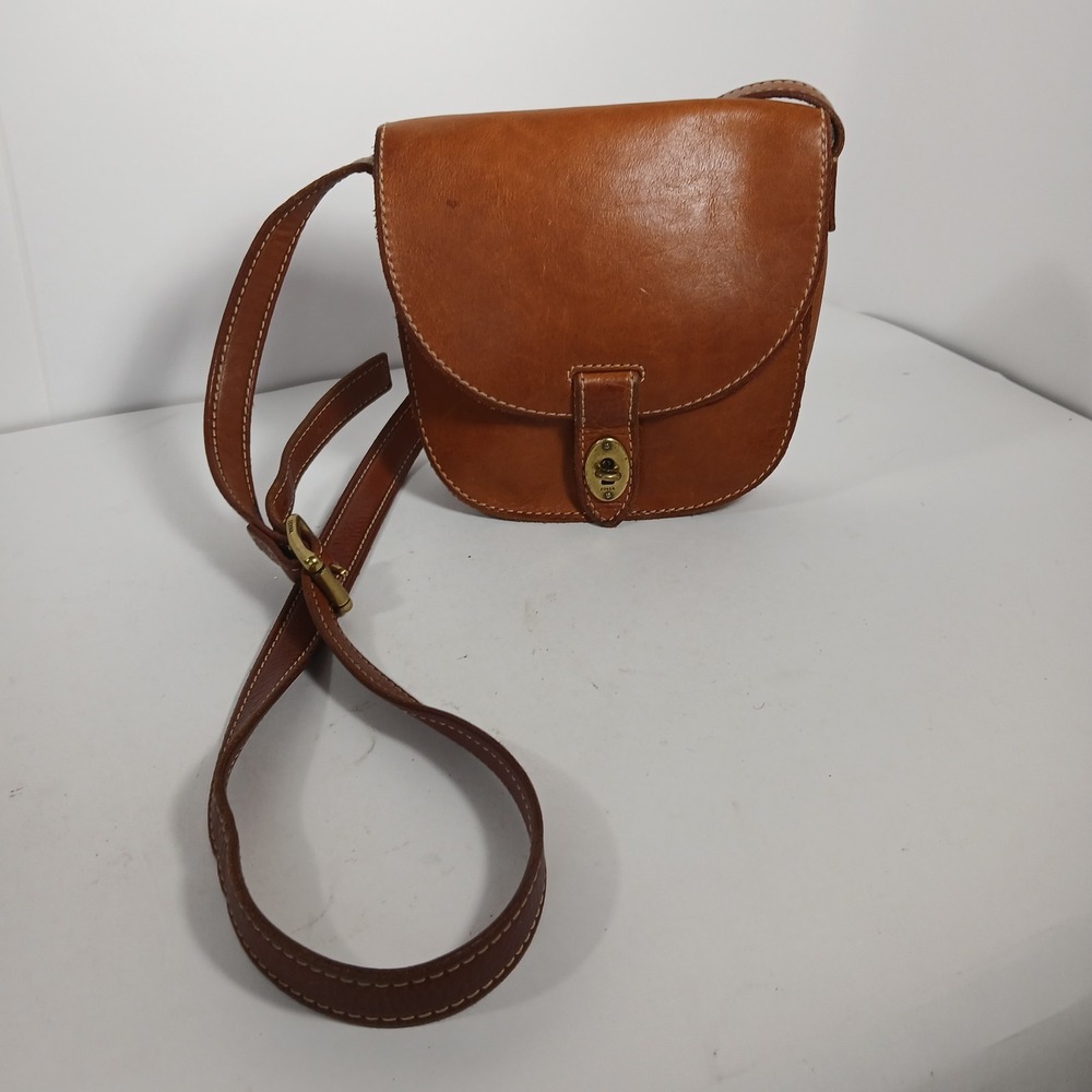 Fossil Mini Austin Leather Turn Lock Crossbody Saddle Bag Cognac Caramel Brown